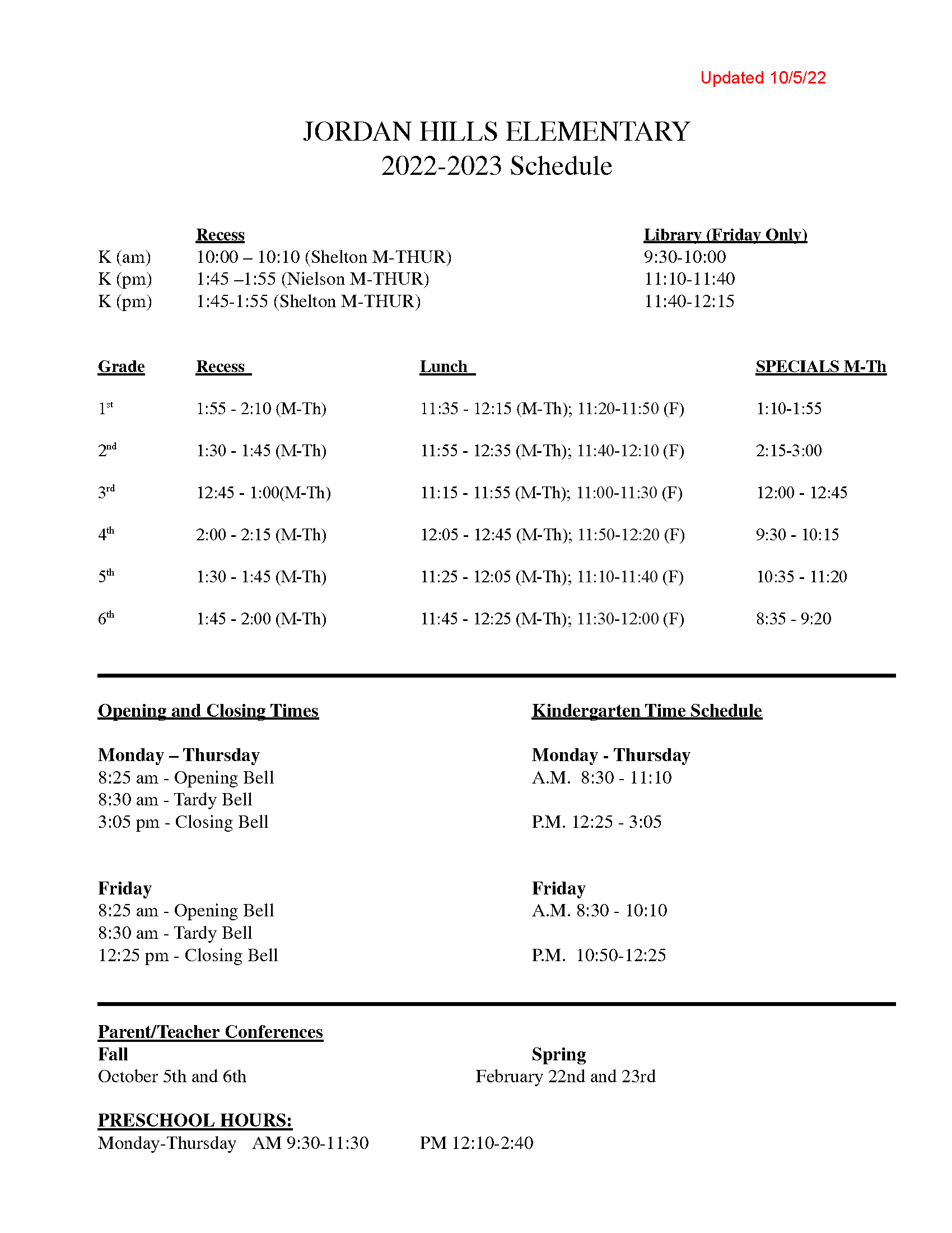Bell Schedule Jordan Hills Elementary